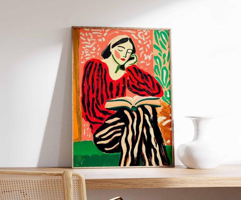 May include: A painting of a woman in a red and black striped dress sitting with a book in her lap. The background is a pink and green abstract design.