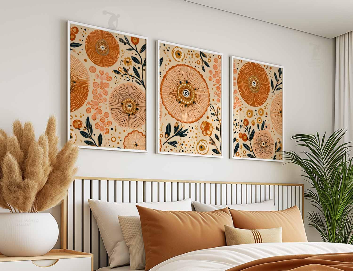 Boho Floral Wall Art Set of 3, Abstract Botanical Prints in Orange and ...