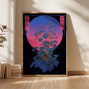 May include: Framed art print featuring a stylized botanical illustration. The artwork showcases blue foliage and flowers against a gradient pink and blue circle, set on a black background. Japanese text is present on the top and left side of the frame.
