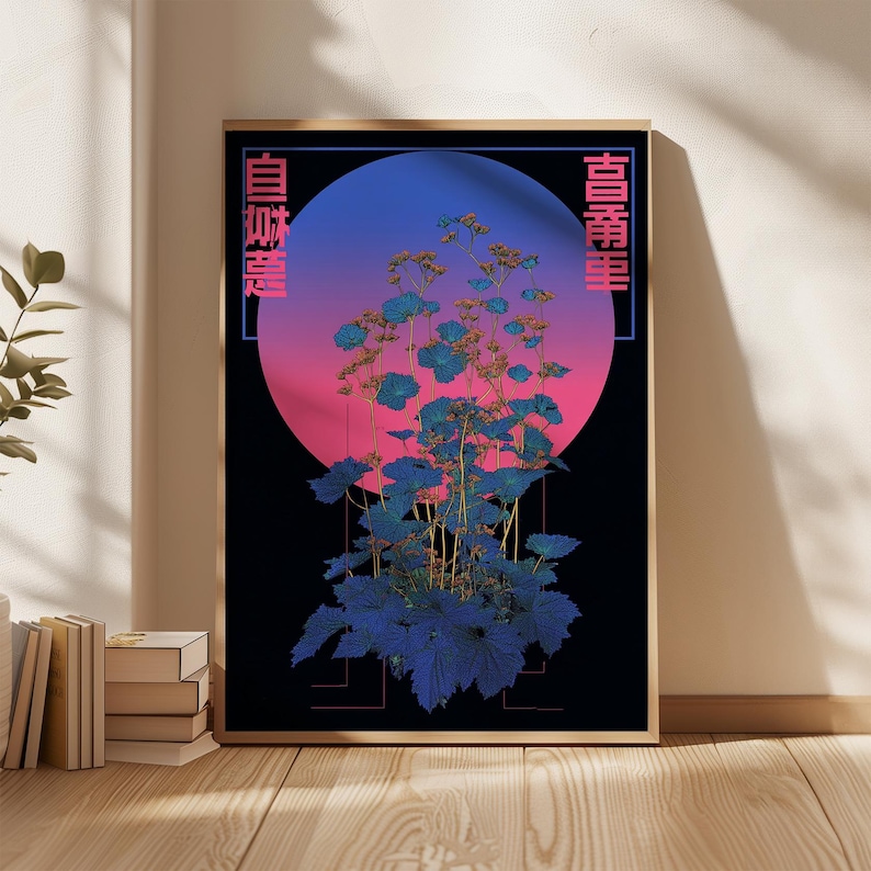May include: Framed art print featuring a stylized botanical illustration. The artwork showcases blue foliage and flowers against a gradient pink and blue circle, set on a black background. Japanese text is present on the top and left side of the frame.