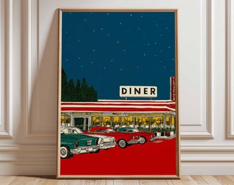 Stampa artistica in stile retrò da tavola calda, vintage americano, poster di auto d'epoca