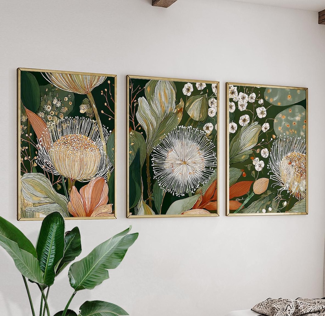 Green Botanical Floral Wall Art Set | Neutral Flower Triptych Posters ...