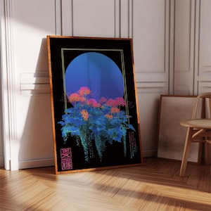 May include: Framed art print featuring a vibrant floral arrangement with orange and pink blooms, set against a blue moon and black background. The artwork is enclosed in a wooden frame and includes Japanese text.