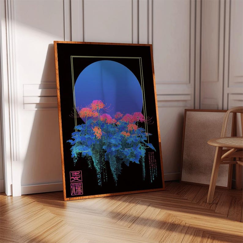 May include: Framed art print featuring a vibrant floral arrangement with orange and pink blooms, set against a blue moon and black background. The artwork is enclosed in a wooden frame and includes Japanese text.