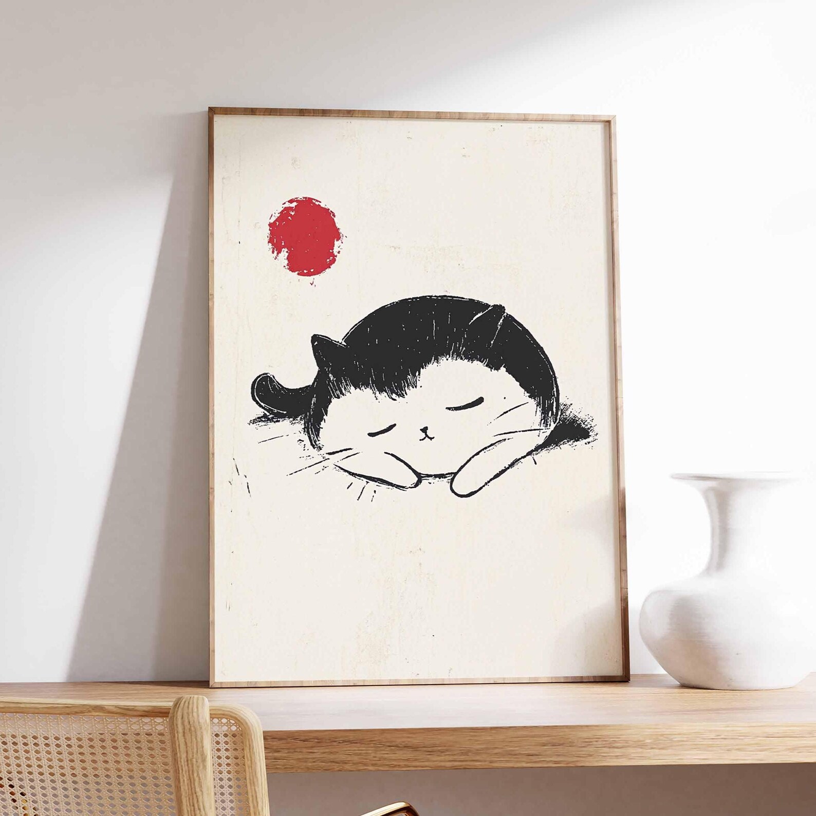 Minimalist Sleeping Cat Wall Art Print, Japanese Style Poster With Red ...