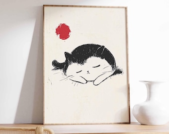 Lámina minimalista de gato durmiendo, arte mural zen japonés.