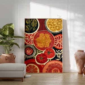 May include: A large canvas print featuring a colorful food-themed design. The artwork showcases plates of pasta, tomatoes, and citrus fruits in a vibrant, abstract style. The print is displayed in a room with a plant, ottoman, and decorative vases.