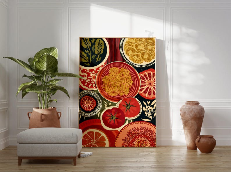 May include: A large canvas print featuring a colorful food-themed design. The artwork showcases plates of pasta, tomatoes, and citrus fruits in a vibrant, abstract style. The print is displayed in a room with a plant, ottoman, and decorative vases.