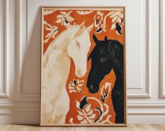 Modern Equestrian Horse Art Print, Orange Floral Decor