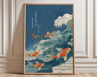 Koi Fish Art Print, Japanese Waves, Modern Asian Decor