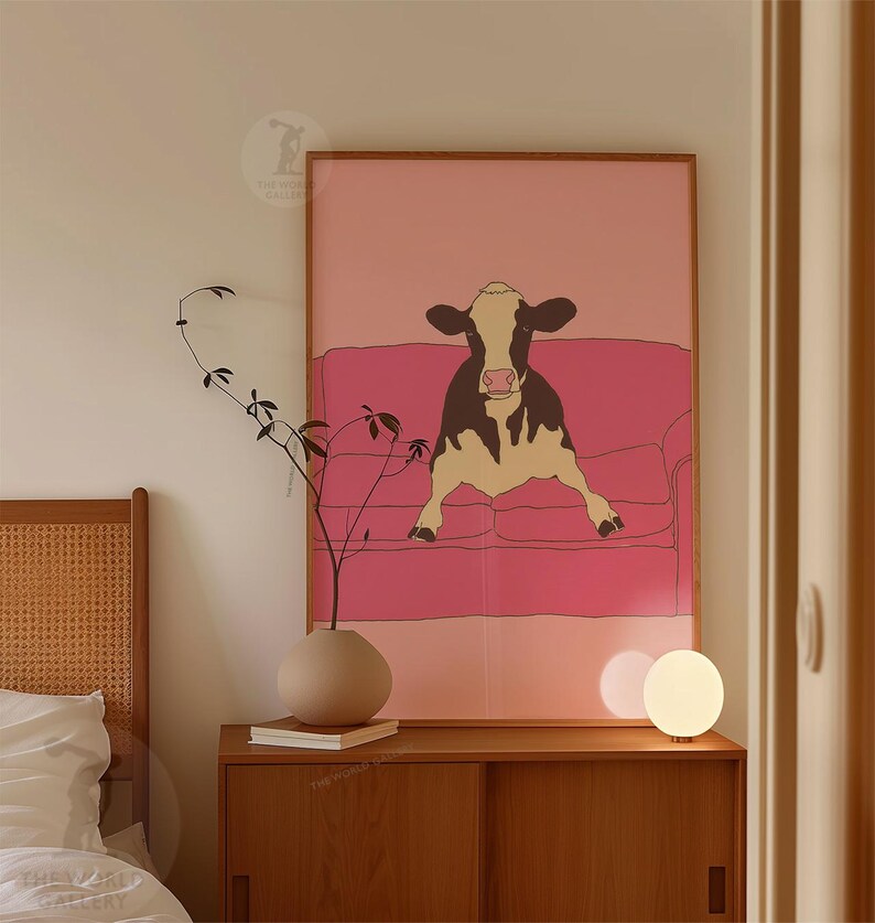 Pink Cow Poster | Minimalist Animal Illustration | Naive Line Art Wall Art image 6