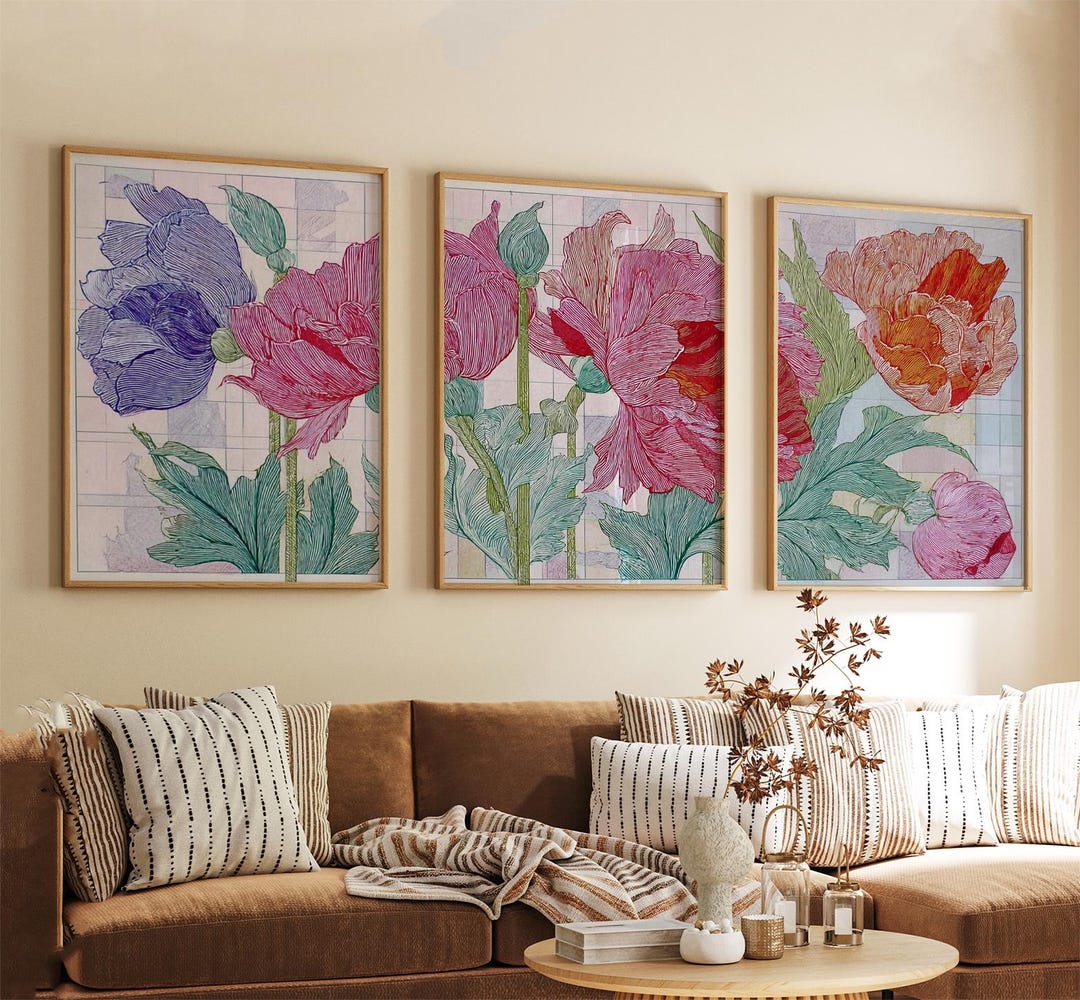 Botanical Line Art Print Set | Pink, Blue Floral Wall Decor - Etsy