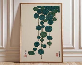 May include: A framed art print featuring a stylized botanical design. The artwork showcases a series of teal and green circular shapes with intricate patterns, suspended against a cream-colored background. The print is encased in a light brown wooden frame.