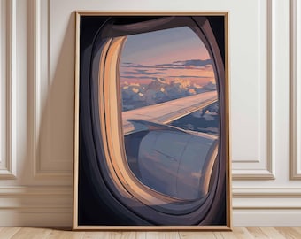 Poster coucher de soleil depuis la fenêtre d'un avion, oeuvre d'art murale aviation, décoration de voyage