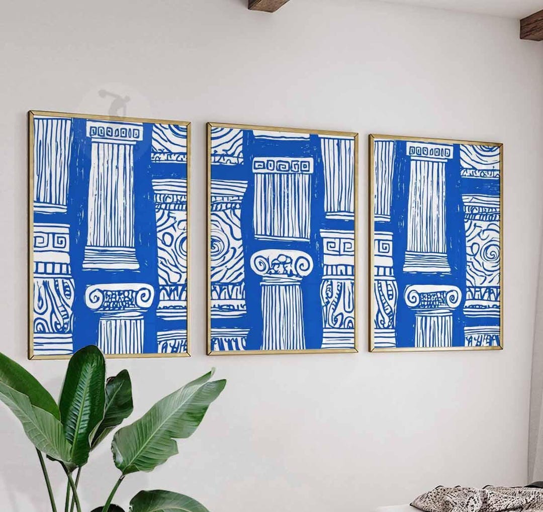 Blue and White Greek Column Prints, Classical Architecture Wall