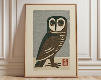 Japanse uilkunstdruk, vintage houtsnedestijl, minimalistische vogelillustratie
