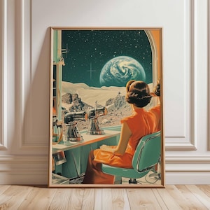 Póster retro de ciencia ficción, decoración cósmica surrealista de los años 70, póster espacial futurista, impresión de paisaje vintage, obra de arte espacial para dormitorio y sala de estar.
