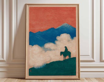 Cowboy Poster Japanese Woodblock Style Print, Western Wall Art, Rider and Horse Landscape Artwork, Vintage Country Home Decor Poster