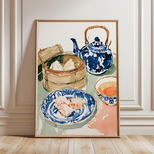 May include: A watercolor painting depicting a blue and white patterned teapot, a bamboo steamer basket containing dumplings, a blue and white plate with three dumplings, and a small bowl of amber-colored tea on a light green and peach surface.