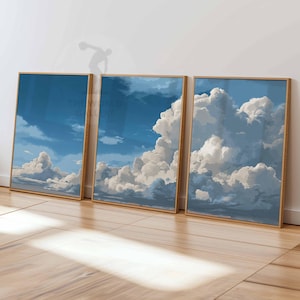 Juego de 3 impresiones de arte de pared con nubes para dormitorio, pósteres de nubes blancas y cielo beige, decoración vintage para el hogar, juego de 3 pósteres grandes, decoración de dormitorio