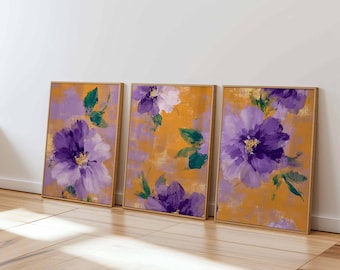 Lila Blumendruck-Set, moderne lila botanische Kunst