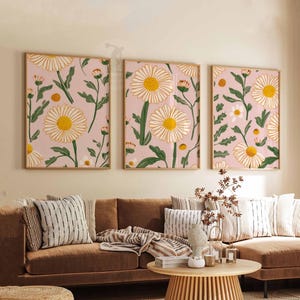 Retro Floral Pattern Set of 3 Posters, Mid Century Modern Floral Prints, Boho Living Room Decor, Bold Botanical Poster Set, Aesthetic Art