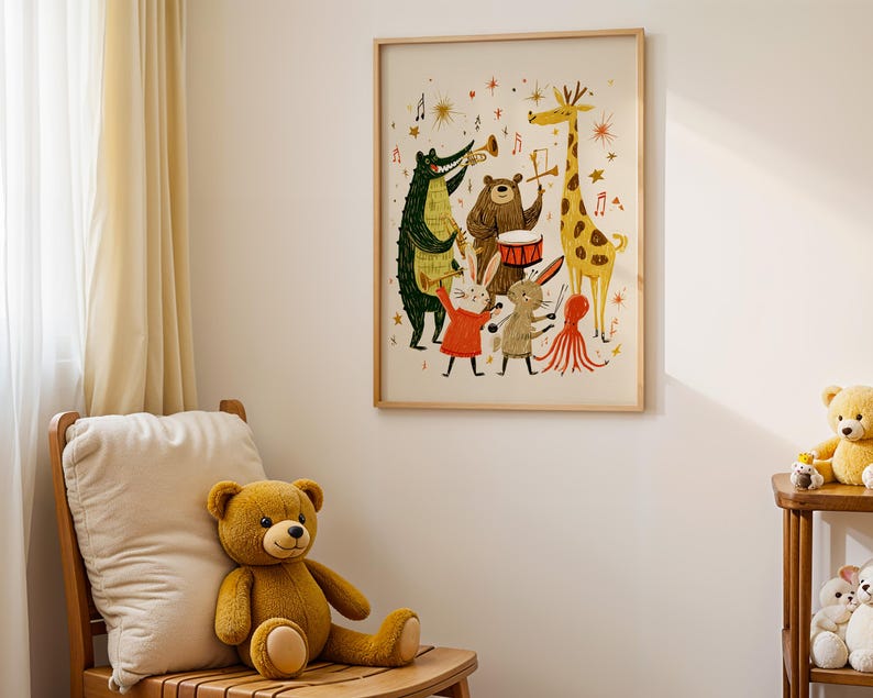 Peut inclure: Une affiche encadr&eacute;e repr&eacute;sentant un groupe d'animaux jouant de la musique. L'illustration comprend un crocodile, un ours, une girafe, un lapin, une souris et une pieuvre. L'&oelig;uvre est dans un cadre en bois clair et est accroch&eacute;e &agrave; un mur blanc.