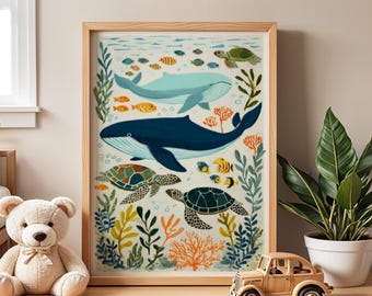 Arte de pared para guardería bajo el mar, ilustración de animales del océano, decoración de habitación infantil de ballenas y tortugas, impresión costera para habitación de bebé, póster de vida marina