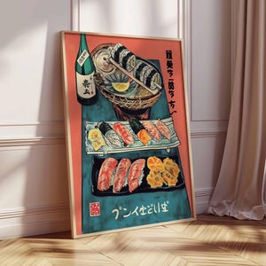 Traditional Japanese Sushi Food Poster, Japanese Cuisine Print, Kitchen Wall Decor, Food Art, Vintage Food Poster, Asian Food Illustration