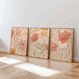 Vintage Floral Wall Art Set of 3, Botanical Line Art Prints in Warm Tones, Modern Boho Flower Artwork for Bedroom or Living Room Decor