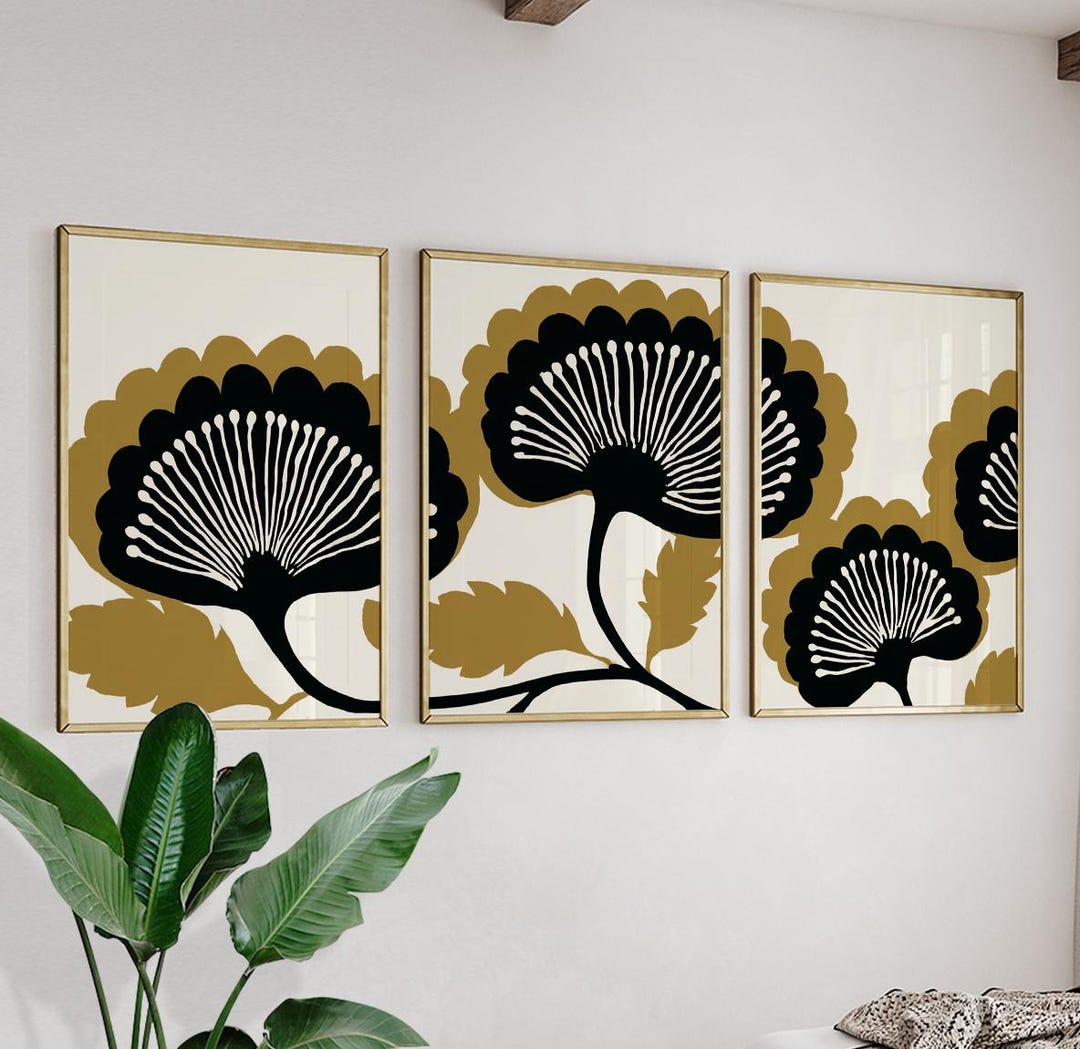 Mid Century Floral Posters Set of 3 | Black Mustard Botanical Art ...