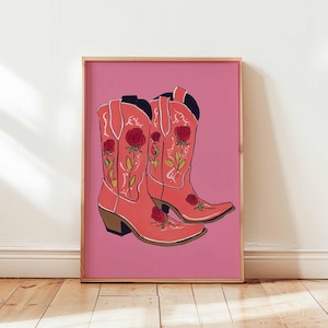 Pink Cowgirl Boots Poster, Western Wall Art Print, Retro Country Girl Decor, Floral Cowboy Boot Illustration for Bedroom or Studio