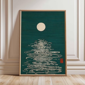 Póster de reflejo lunar, impresión artística minimalista japonesa, arte mural retro de cielo nocturno, decoración moderna de mediados de siglo, diseño de póster zen vintage.