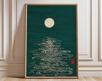 May include: Framed art print featuring a serene night scene. A full moon shines above stylized water ripples, rendered in white against a dark teal background. A red seal is in the lower right corner. The artwork is in a wooden frame.