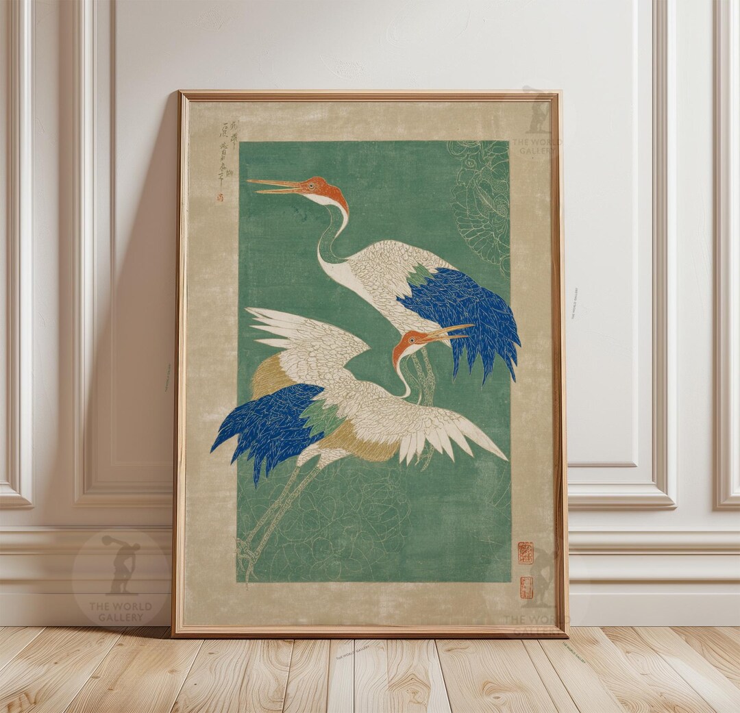 Japanese Crane Bird Poster | Blue Green Heron Wall Art Print | Vintage ...