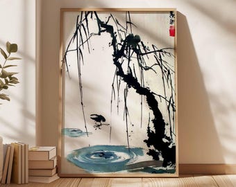 水墨画 アート 木製フレーム付き 日本の水墨画、禅柳の木のアート、ミニマリストな侘び寂びのプリント