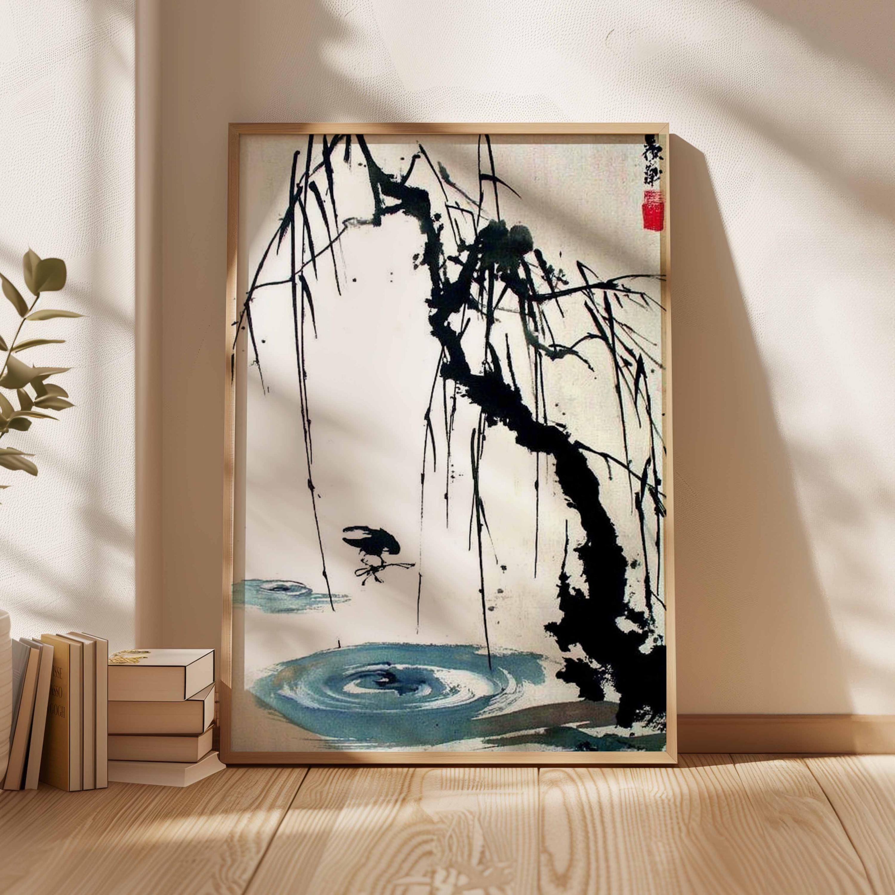 日本の水墨画、禅柳の木のアート、ミニマリストな侘び寂びのプリント