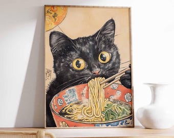Póster japonés de ramen con gato negro, arte de pared retro de anime para la cocina.