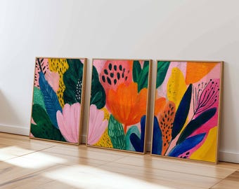 Conjunto de láminas florales abstractas coloridas, arte mural botánico moderno.