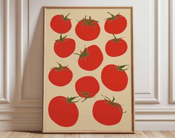 May include: A framed art print featuring a repeating pattern of red tomatoes with green stems on a beige background. The tomatoes are stylized with a minimalist design, creating a modern aesthetic. The artwork is displayed in a wooden frame.