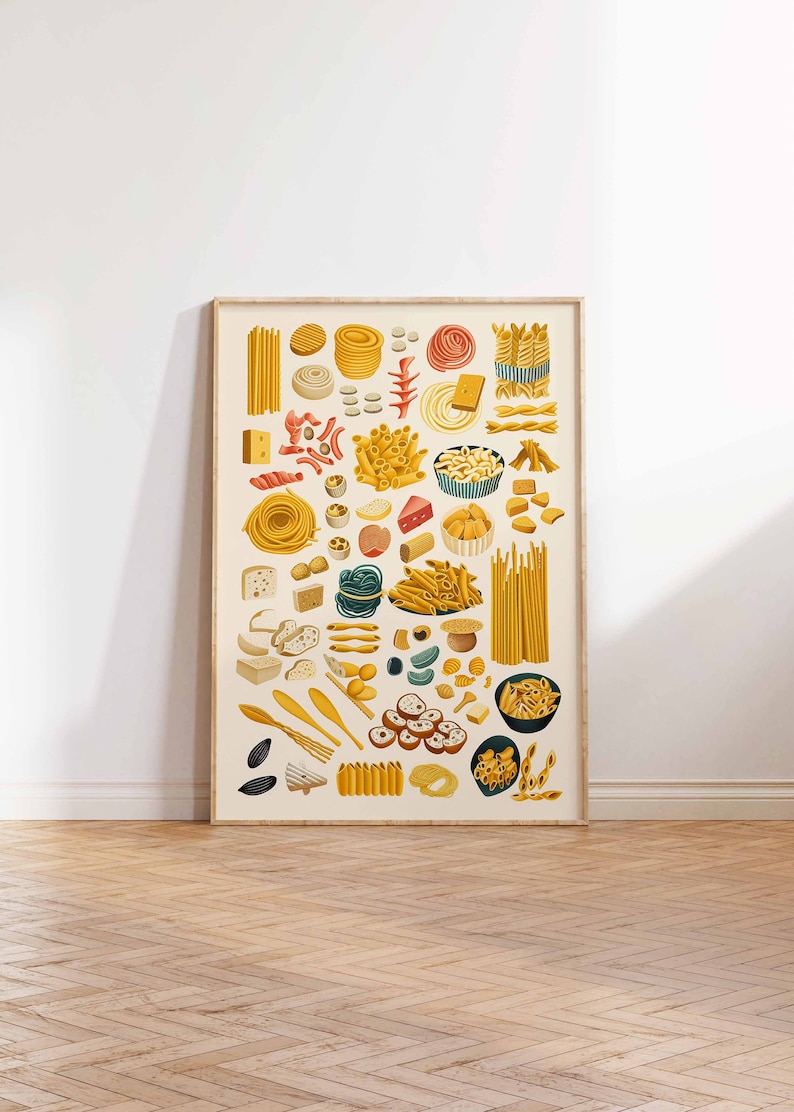 May include: A framed illustration of various types of pasta, including spaghetti, penne, and rigatoni. The pasta is depicted in a variety of colours, including yellow, orange, and red. The illustration is set against a white background.