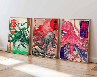 Japanese Octopus Art Print Set | Retro Ukiyo-e Marine Decor