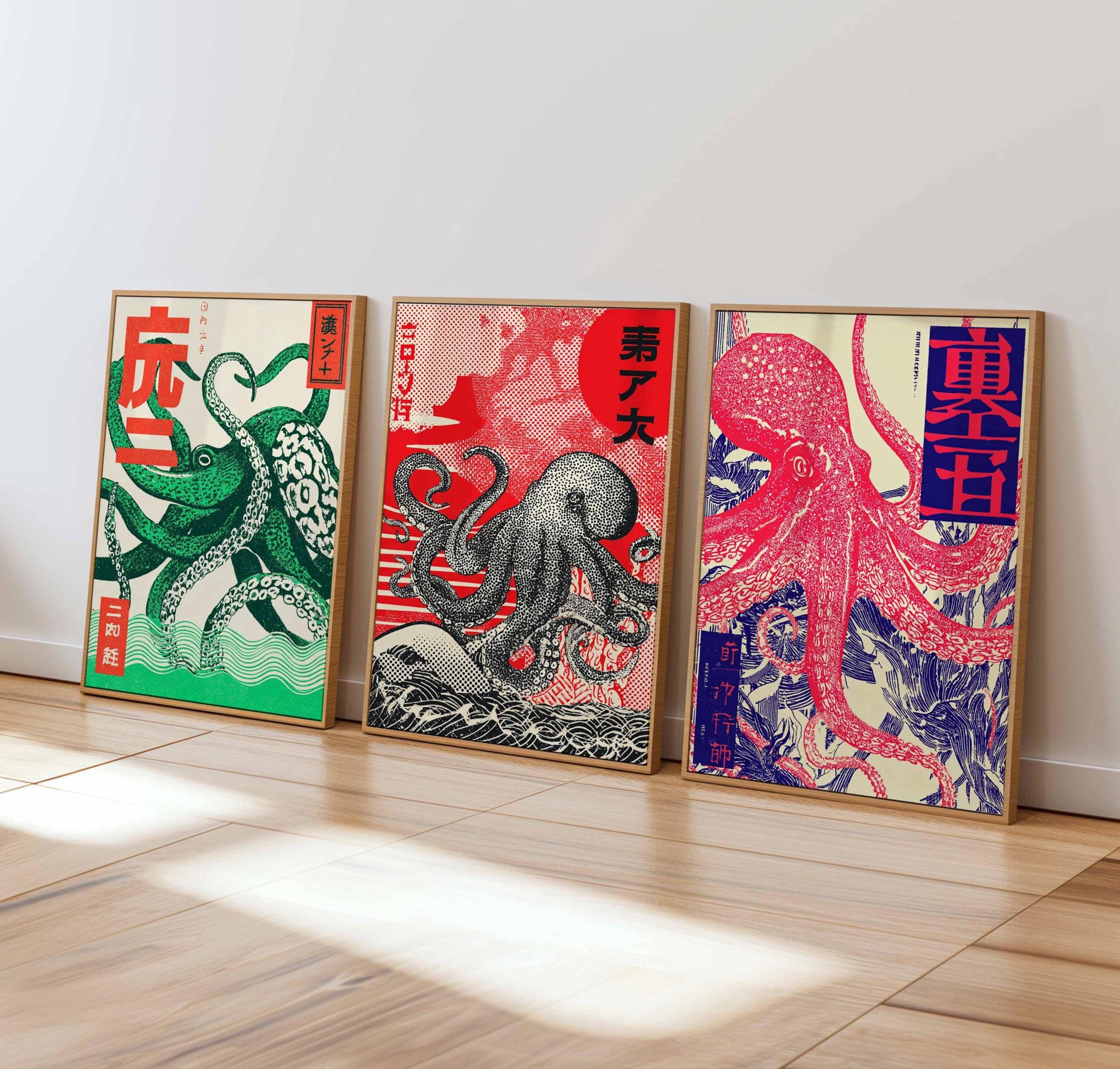 Japanese Octopus Art Print Set | Retro Ukiyo-e Marine Decor - Etsy