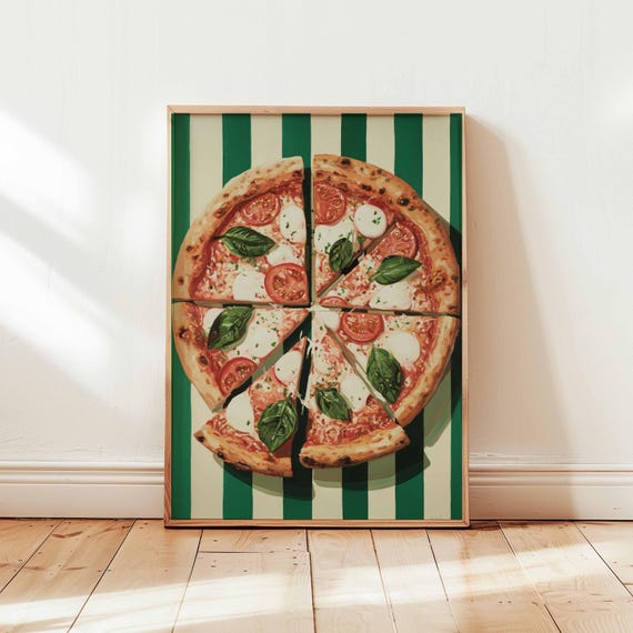 Pizza Poster, Italian Food Print, Kitchen Wall Art, Margherita Pizza Decor Poster, Green Striped Food Print, Pizza Lover Gift Poster