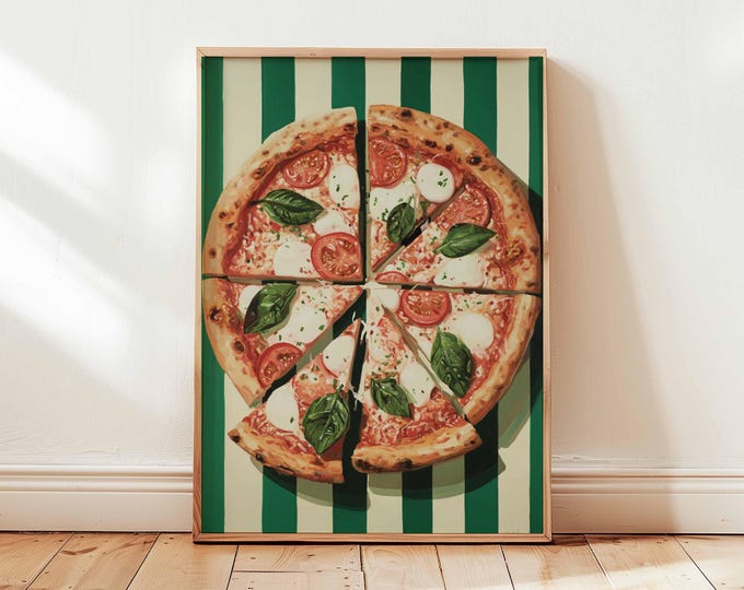 Margherita Pizza Poster, Green Striped Italian Food Kitchen Art
