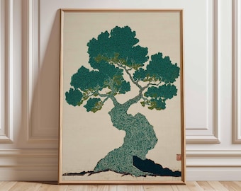 Minimalist Bonsai Tree Line Art Print, Japanese Zen Decor