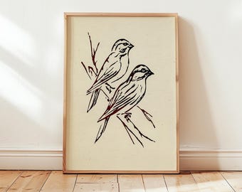 Two Birds Print, Retro Botanical Line Art, Minimalist Decor