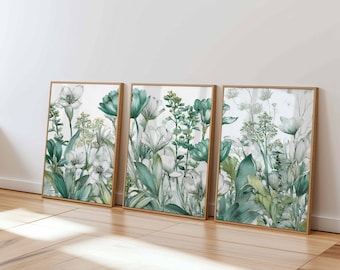 Botanical Wall Art Print Set, Green Floral, Modern Nature Artwork