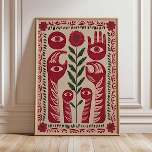 Surreal Folk Art Print, Red and Green Eye Hand Artwork, Mystical Botanical Poster, Bohemian Wall Decor