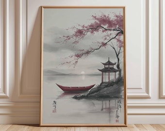 Affiche de la pagode des cerisiers en fleurs du Japon, art mural paysage oriental, impression de la nature asiatique